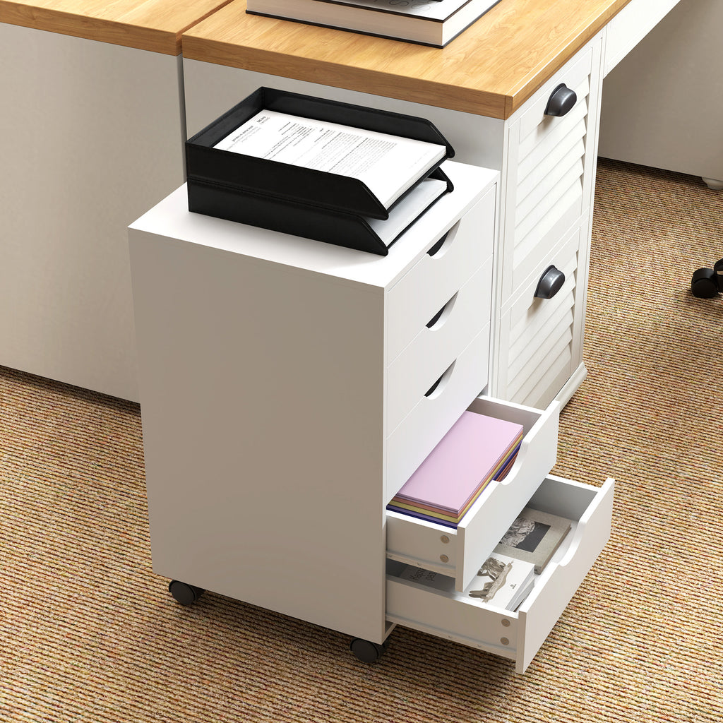 Caisson bureau mobile, meuble rangement sur roulettes avec 5 tiroirs, bois, 40 x 40 x 67 cm, blanc-7