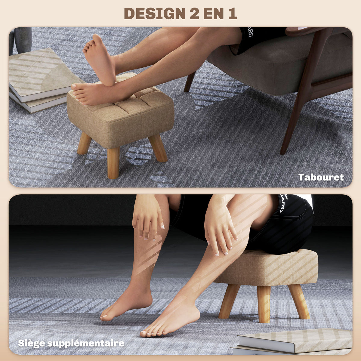 Repose pied salon ottoman siège rembourré en tissu avec pieds en bois 27 x 27 x 26 cm marron clair-3