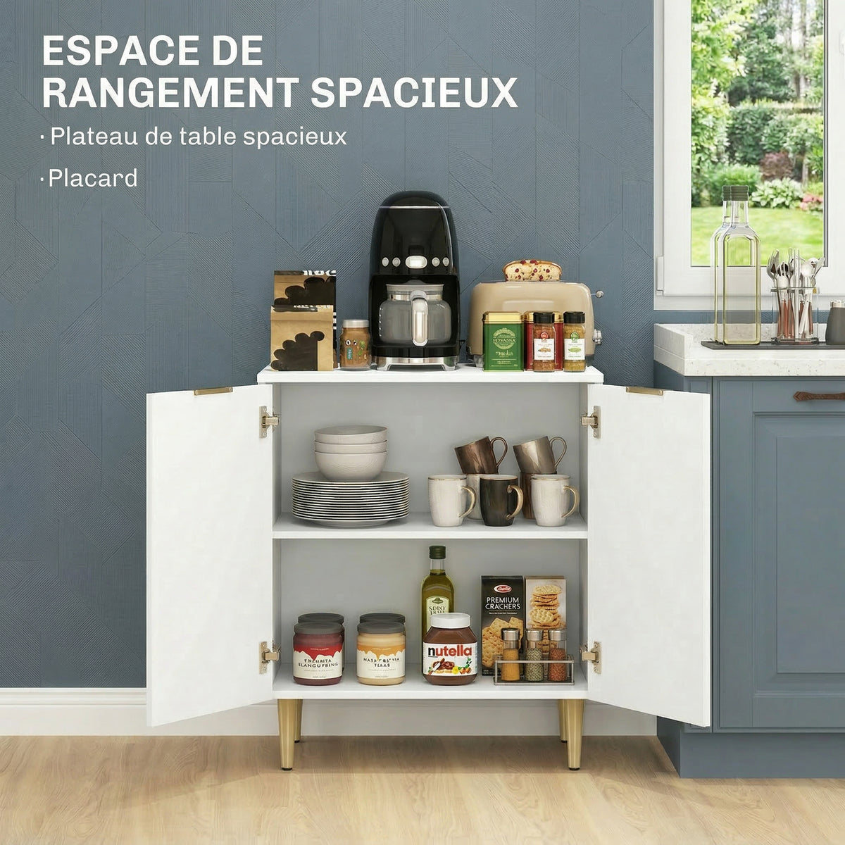 Buffet cuisine meuble de rangement avec 2 portes étagère réglable pieds métalliques surélevés 60 x 40 x 80 cm blanc-3