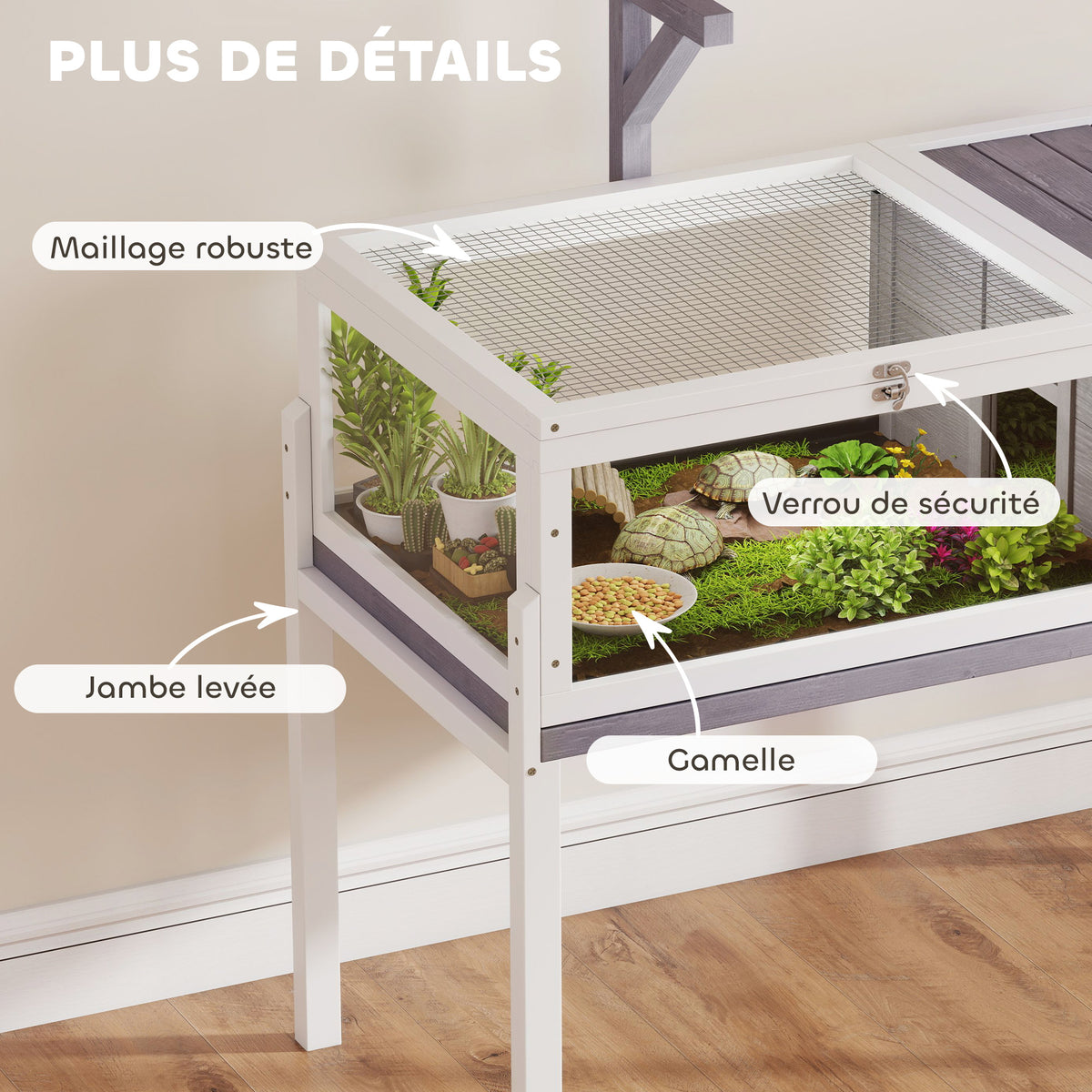 Maison pour tortues enclos tortue en bois 2 espaces support de lampe toit ouvrable plateau coulissant 104x53x82cm gris-8