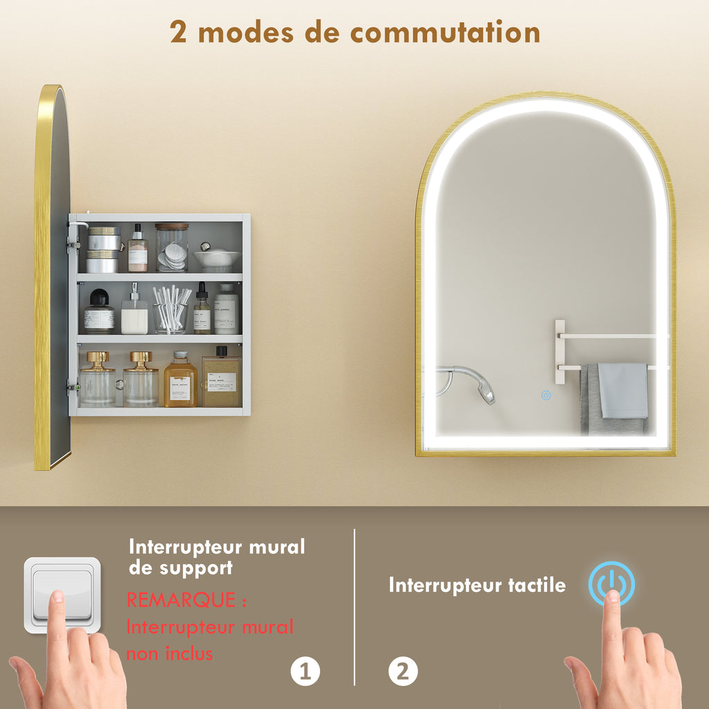 Armoire murale salle de bain avec miroir et éclairage LED, porte arquée, anti-buée, 50x14,5x70cm, doré-8