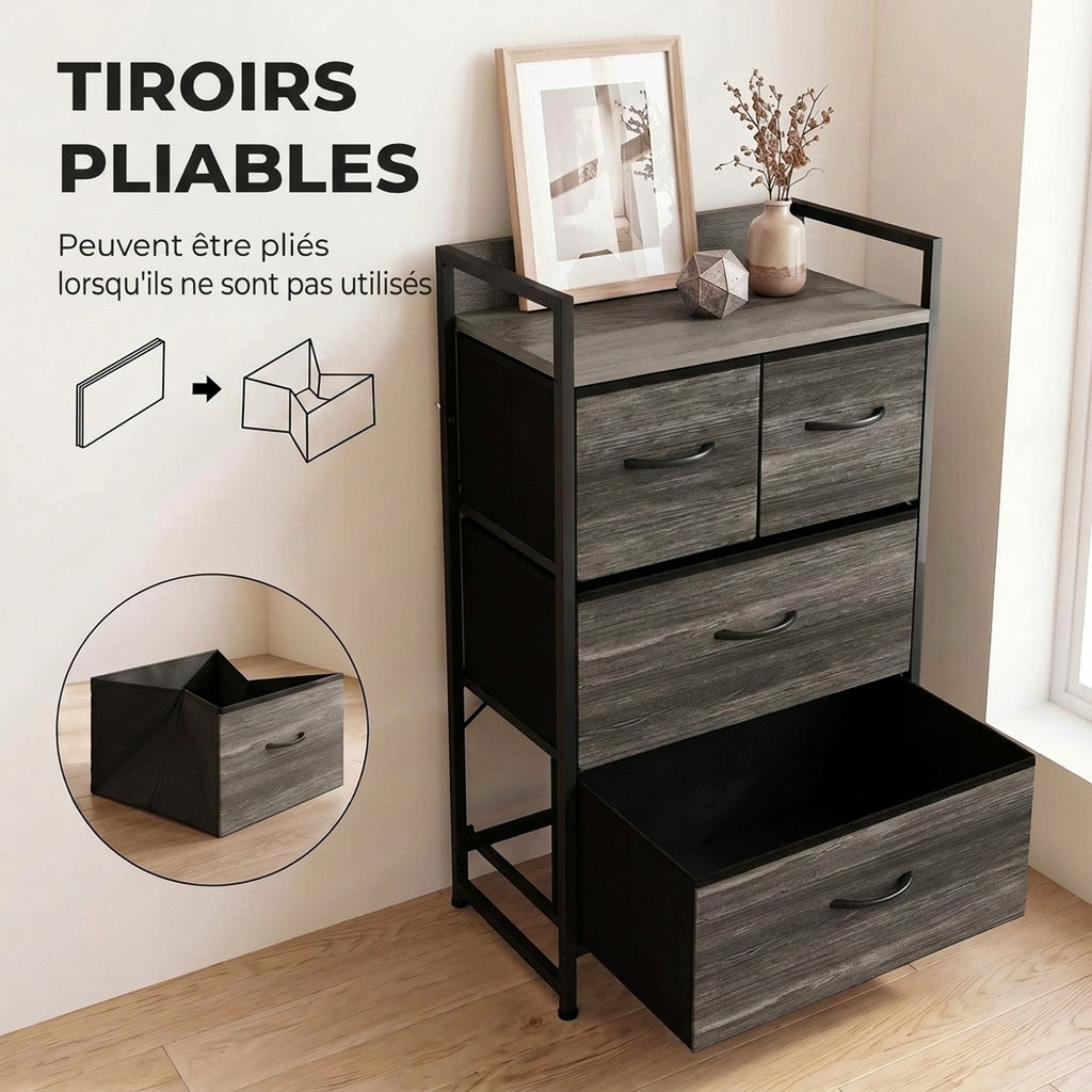 Meuble de Rangement Style Industriel, Commode 4 Tiroirs en Tissu Pliables et Amovibles et 1 Étagère, 50x29x85cm, Gris-5