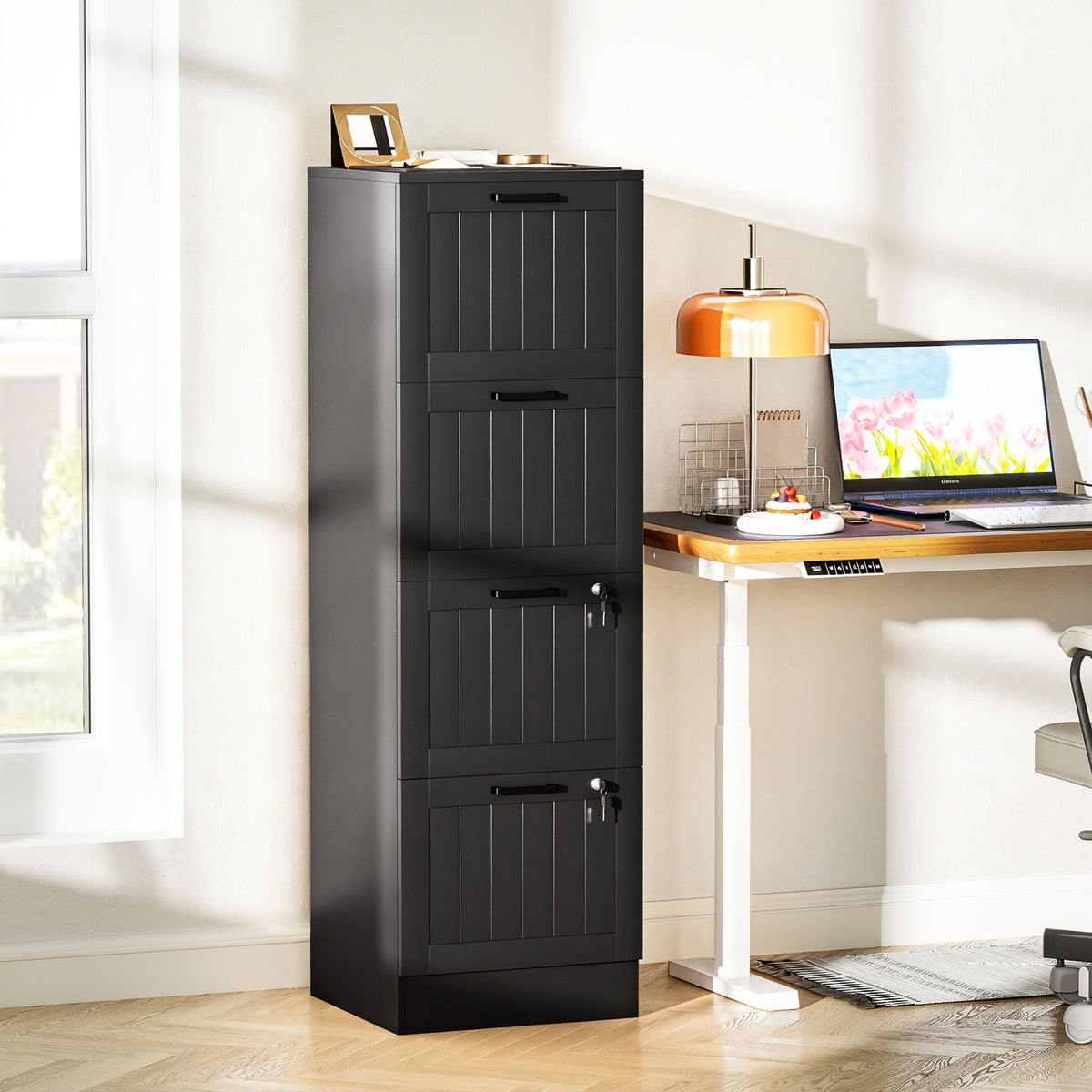 Caisson bureau, meuble rangement bois 4 tiroirs et serrure, barres de suspension réglables, 40 x 40 x 131 cm, noir-1