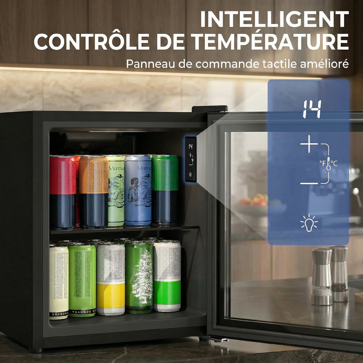 Réfrigérateur à boissons 46L 59 canettes, mini frigo silencieux pose libre avec porte en verre trempé double, noir-4