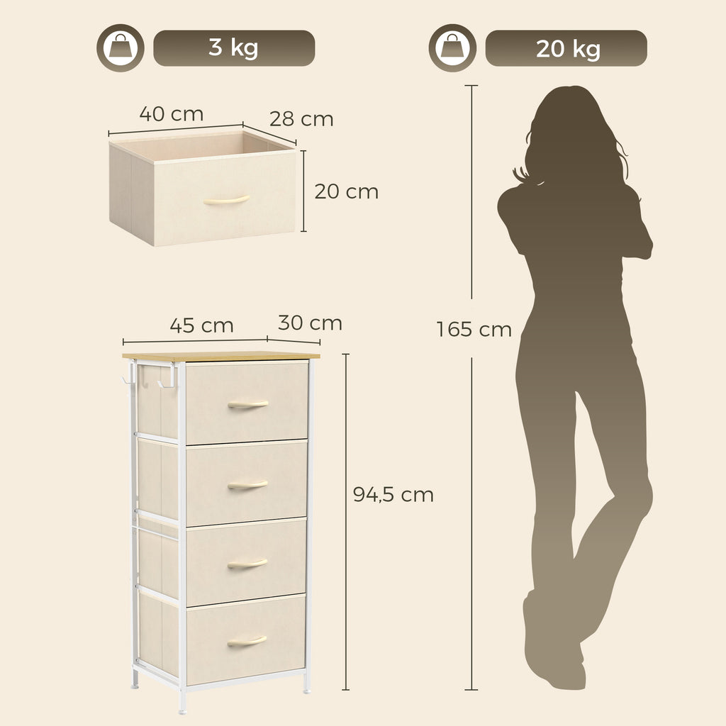 Commode 4 tiroirs en tissu, meuble de rangement avec 4 poches, 2 crochets, structure en acier, 45 x 30 x 94,5 cm, Beige-2