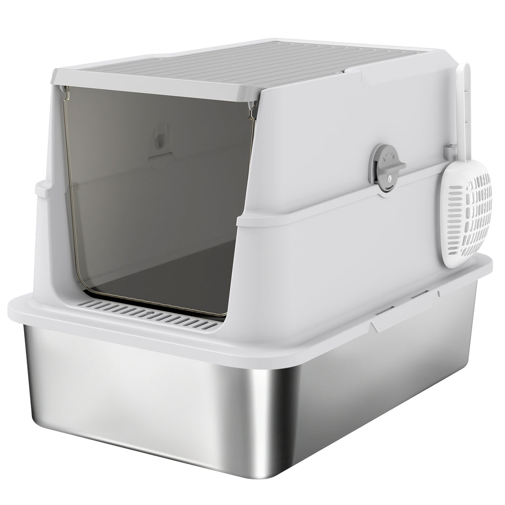 Bac à litière fermé XL en acier inoxydable, maison de toilette pour grand chat, 60,2 x 40,2 x 43,3 cm, gris clair-0