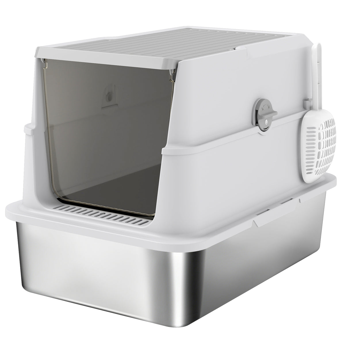 Bac à litière fermé XL en acier inoxydable, maison de toilette pour grand chat, 60,2 x 40,2 x 43,3 cm, gris clair-0