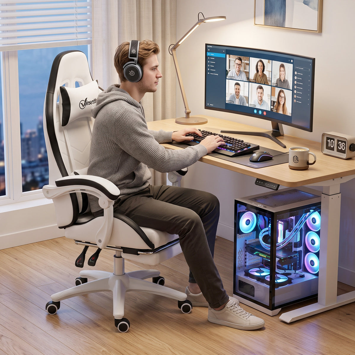 Siège gaming fauteuil gaming dossier inclinable 135° avec appui-tête repose-pieds 65l x 65P x 121-129H cm blanc et noir-9