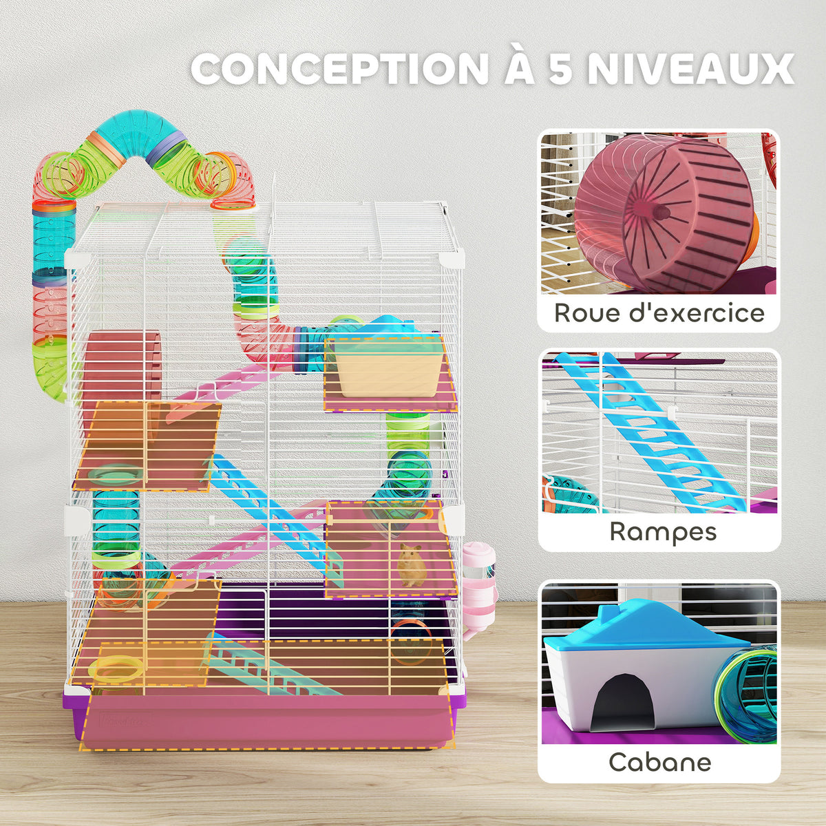 Cage pour hamster rongeur 4 étages avec tunnels mangeoire roue maison échelles 46 x 30 x 58 cm violet-5