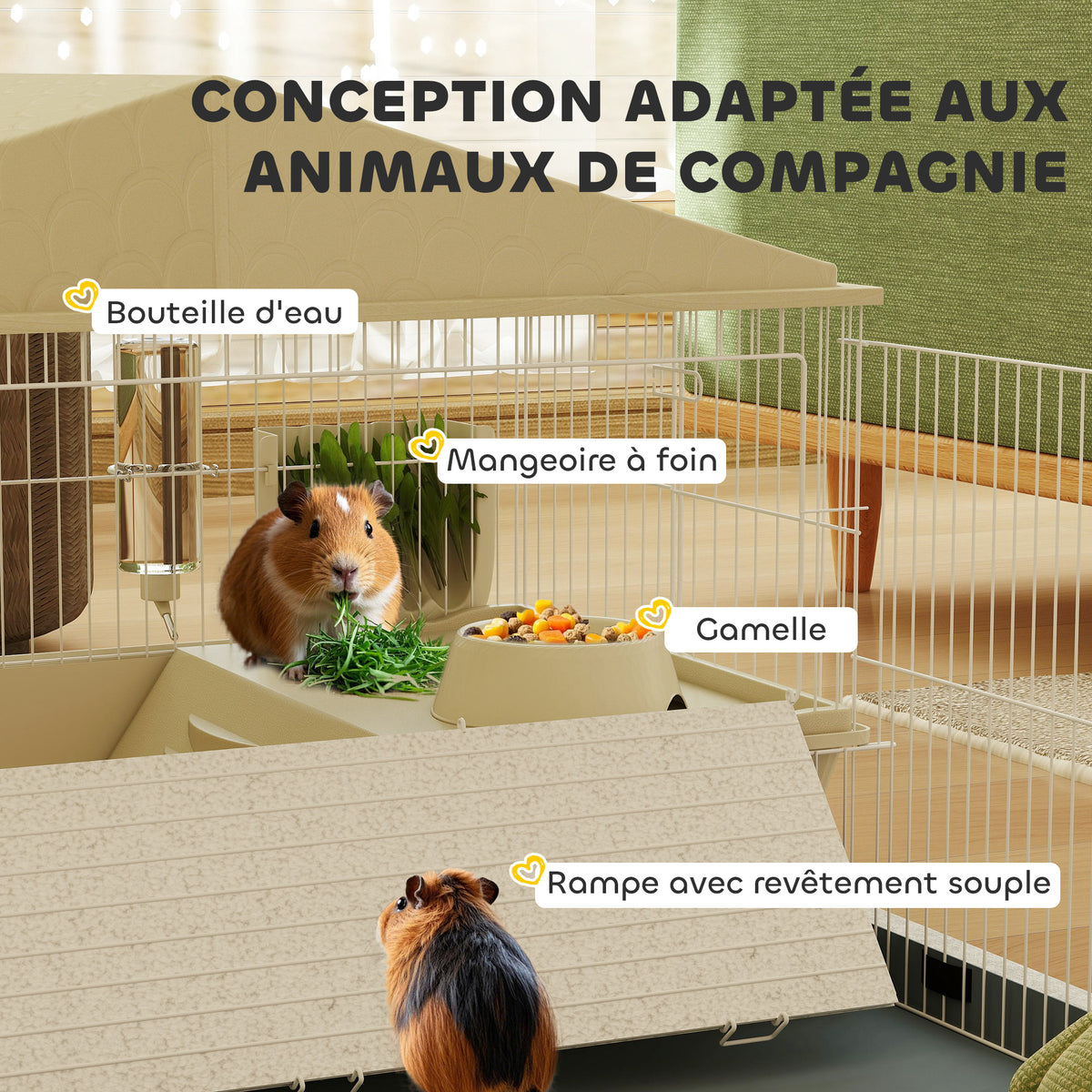 Cage cochon d'inde cage pour petits animaux avec parc amovible tapis imperméable mangeoire à foin 108 x 71 x 57 cm beige-4