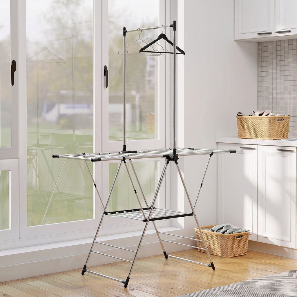 Séchoir à linge étendoir pliable, ailes réglables 5 niveaux, 4 supports à chaussures, acier inoxydable, argenté-1