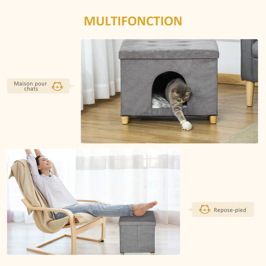 Niche chat maison de chat design surélevé avec coussin amoviable et lavable en peluche doux repose-pieds, dessus ouvrable, gris-3