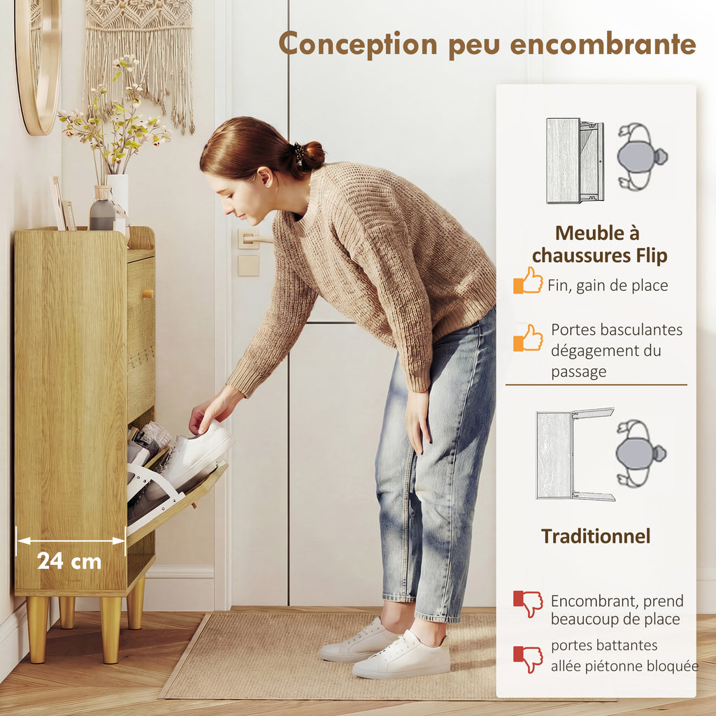 Meuble à chaussures 12 paires, armoire à chaussures étroite, 2 tiroirs rabattables étagères réglables, 60x24x92cm, chêne-3