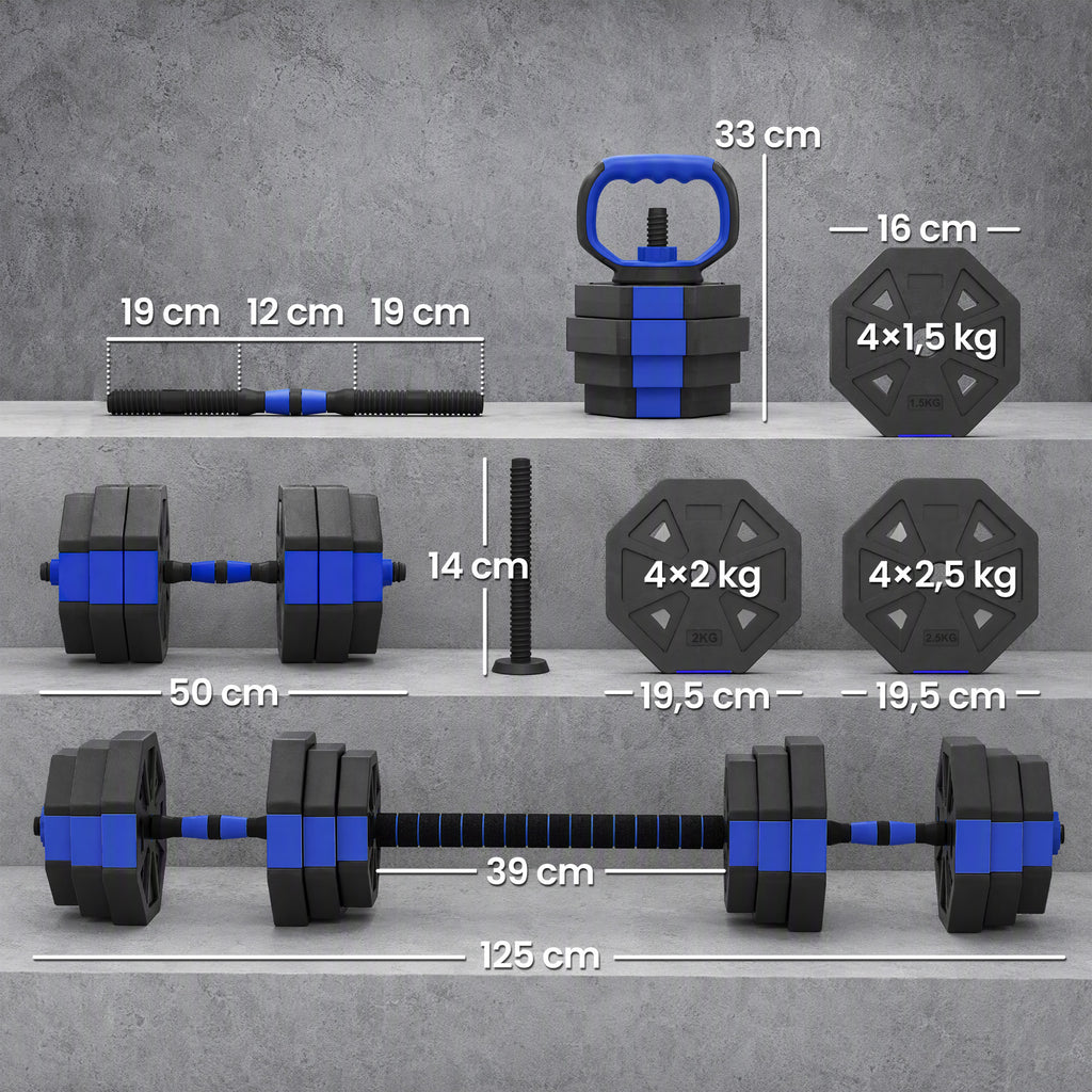 Ensemble d'haltères musculation 6-en-1 haltère réglable 25 kg kettlebell, barre de musculation support pour pompes bleu-2