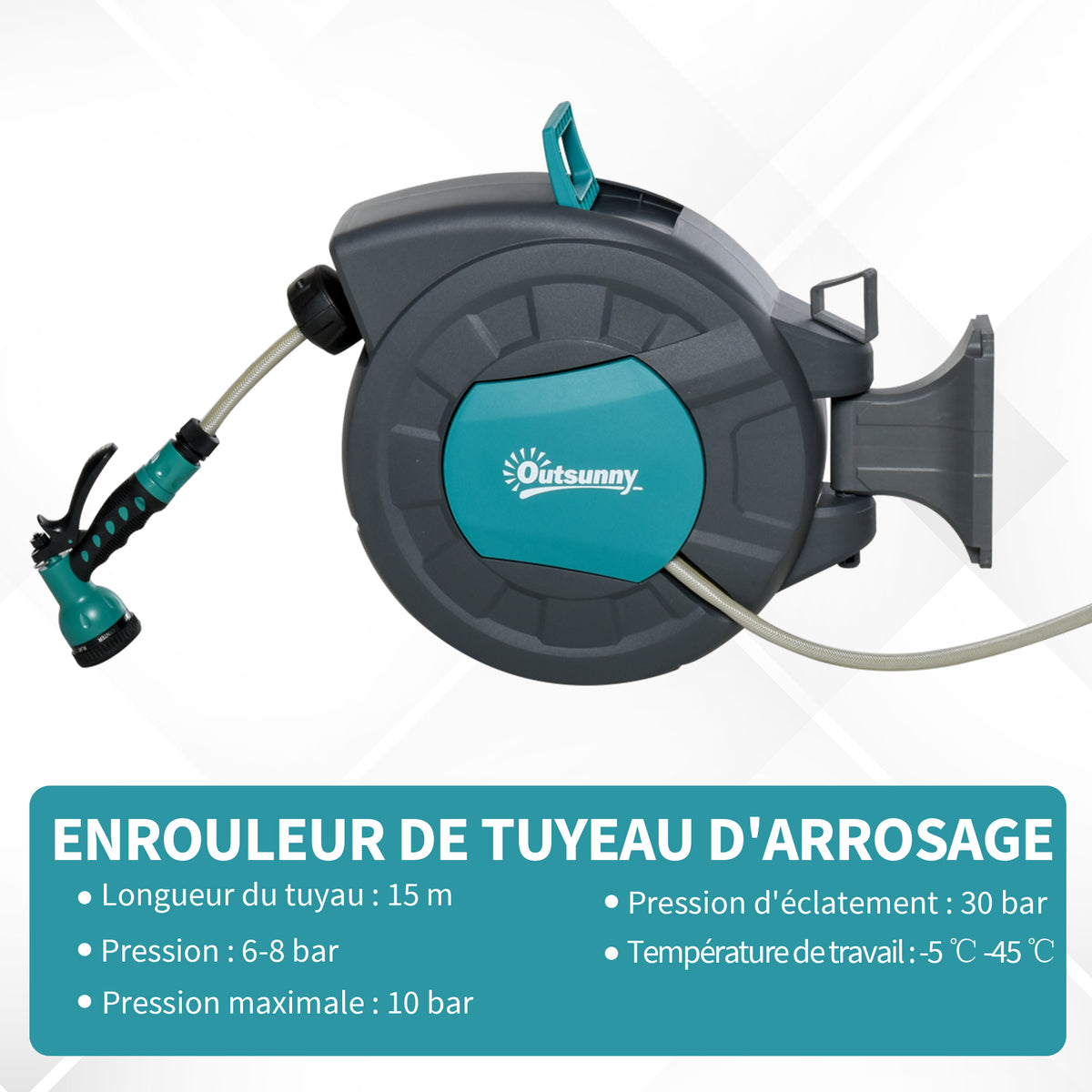 Enrouleur tuyau arrosage automatique pivotant 180° Tuyau 15 + 1,4 m avec Lance arrosage Support Mural intégré Turquoise Gris-3