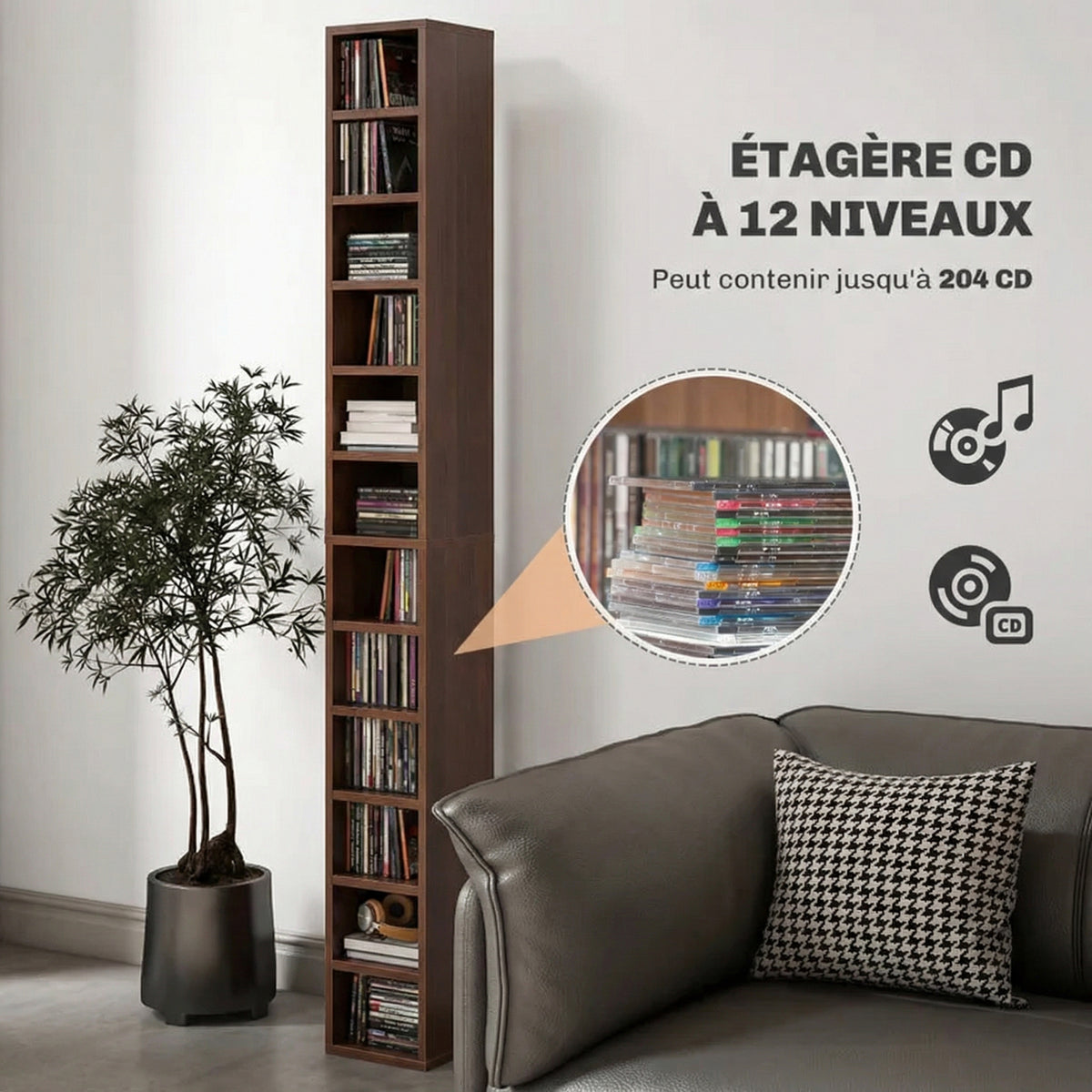 Rangements pour CD et DVD, étagère colonne de rangement, meuble de rangement avec 12 compartiments, capacité max. 204 CD, 21 x 20 x 175 cm, marron-3