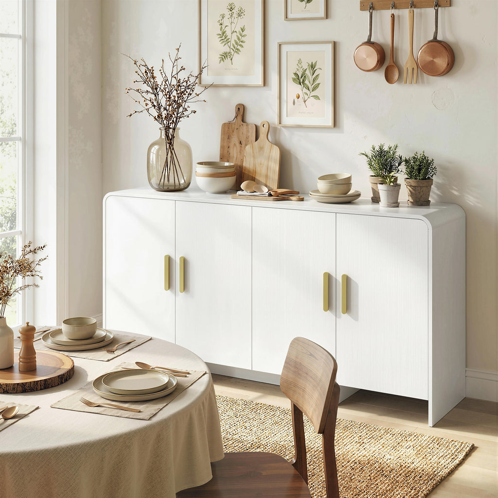 Buffet cuisine, meuble de rangement avec 4 portes à fermeture douce, 4 compartiments et bords arrondis, 152x40x80cm, blanc-9