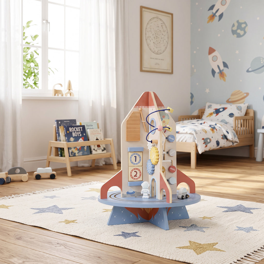 Cube d'Activités en Bois Thème Fusée, Cube Éducatif avec Trieur de Formes et Labyrinthe de Perles, pour 2 à 6 Ans-1