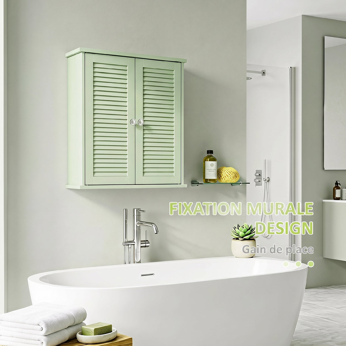 Armoire murale de salle de bain, meuble de rangement suspendu avec 2 portes persiennes et étagère réglable, vert-5
