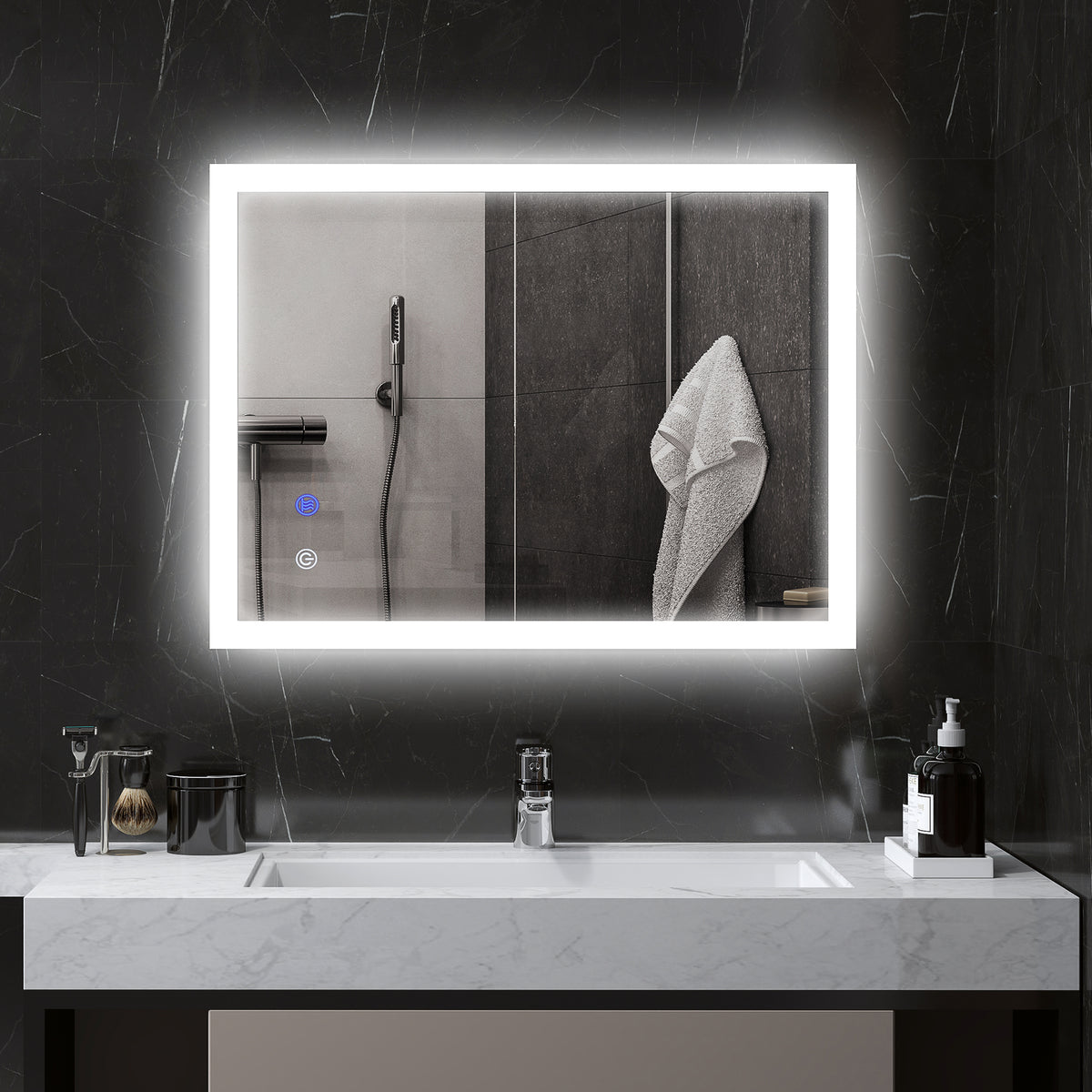 Miroir mural lumineux LED de salle de bain 80 x 60 cm 3 couleurs luminosité réglable interrupteur tactile transparent-5