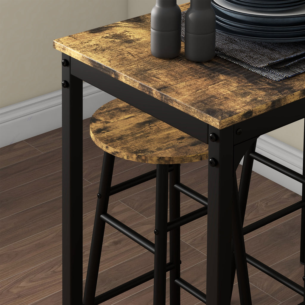Ensemble table haute de bar + 2 tabourets structure en acier plateau aspect effet bois d'acajou 2 personnes noir-9