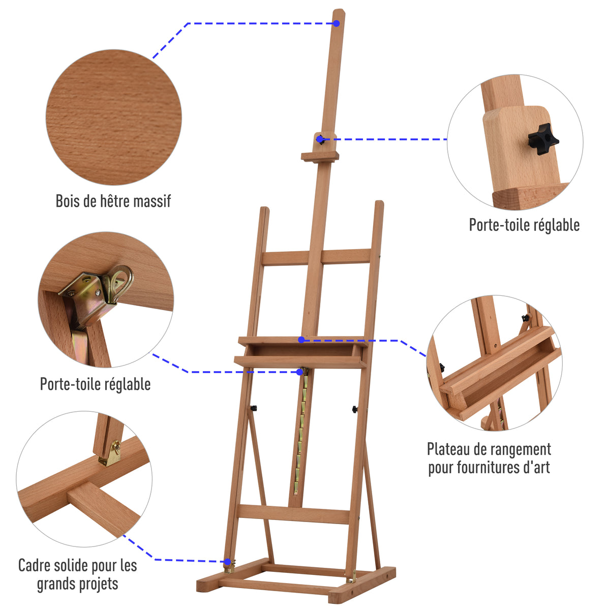 Chevalet en bois hauteur réglable 171-230cm Chevalet Peinture avec rangement inclinaison réglable 80° max. bois naturel-4