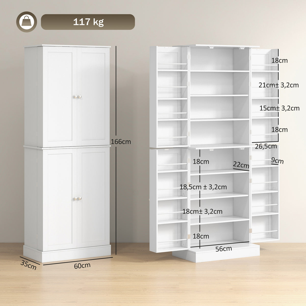 Armoire de cuisine buffet cuisine avec placards, étagère réglable et porte-épices, 60 x 35 x 166 cm, blanc-2