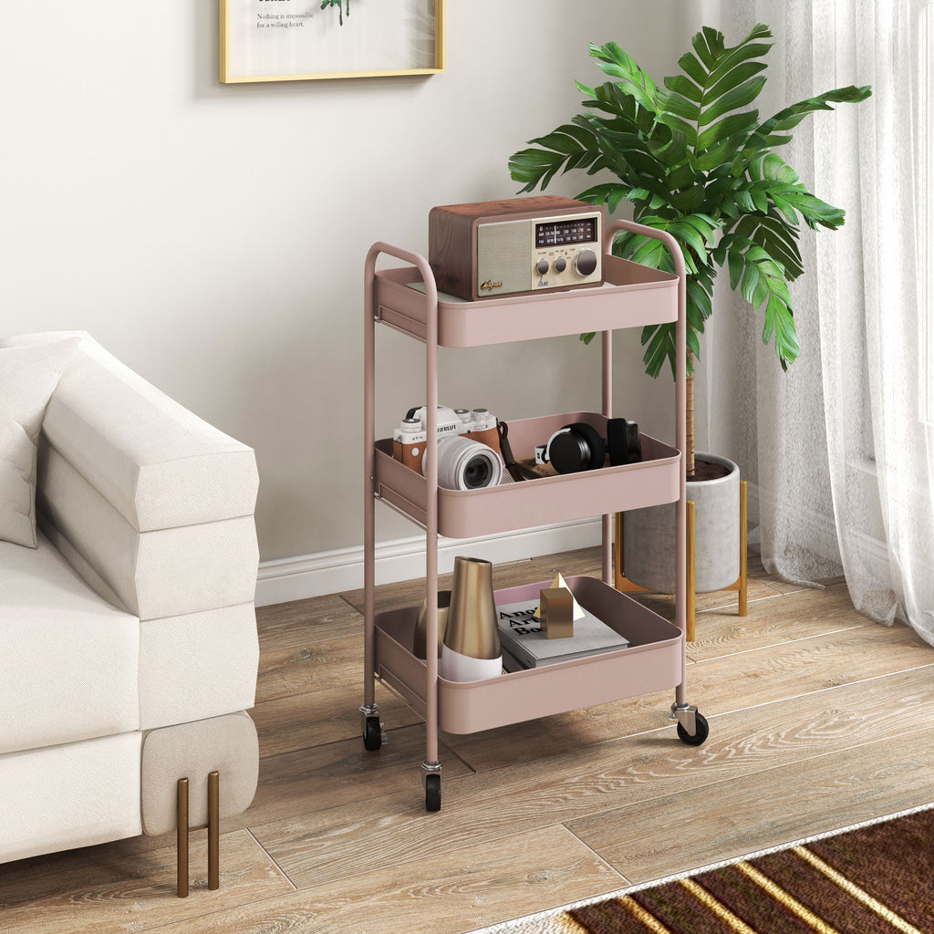 Desserte chariot de rangement en acier chariot de service à roulettes 3 plateaux ajourés 45 x 30,6 x 79 cm rose-1