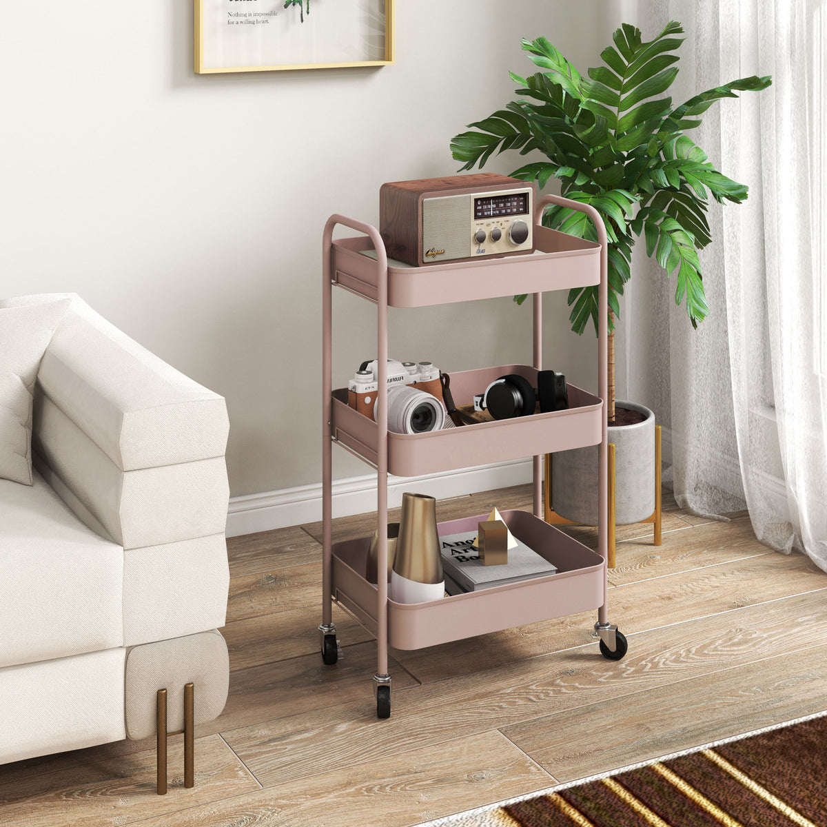 Desserte chariot de rangement en acier chariot de service à roulettes 3 plateaux ajourés 45 x 30,6 x 79 cm rose-1