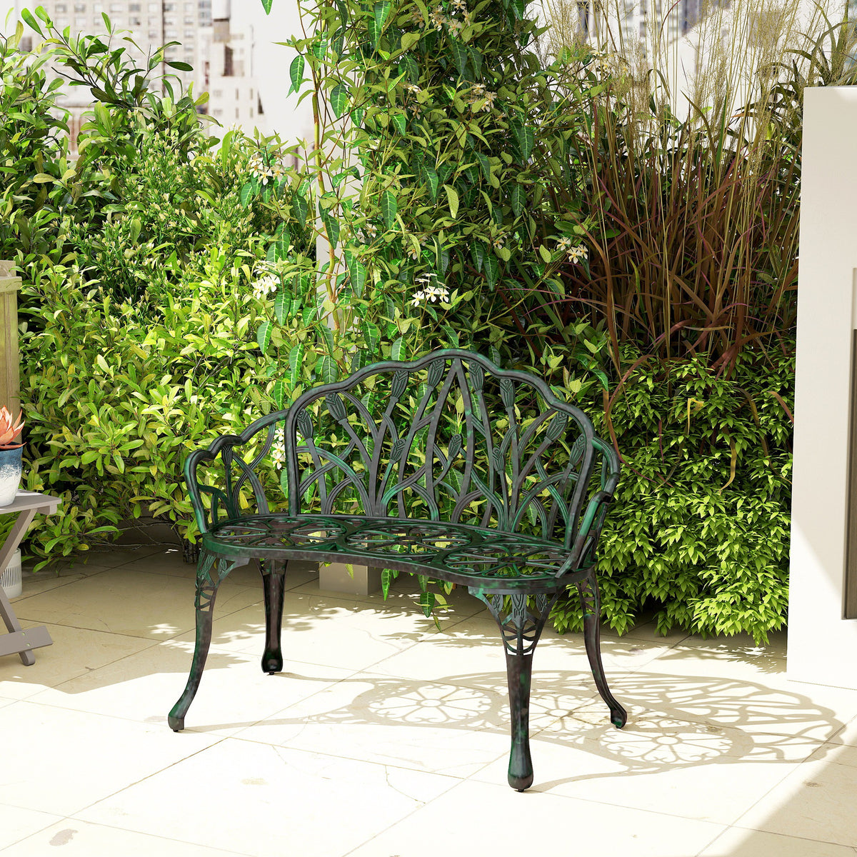 Banc de jardin en aluminium moulé, banc extérieur 2 places avec dossier tulipe, assise florale, 99x57x78cm, vert antique-1