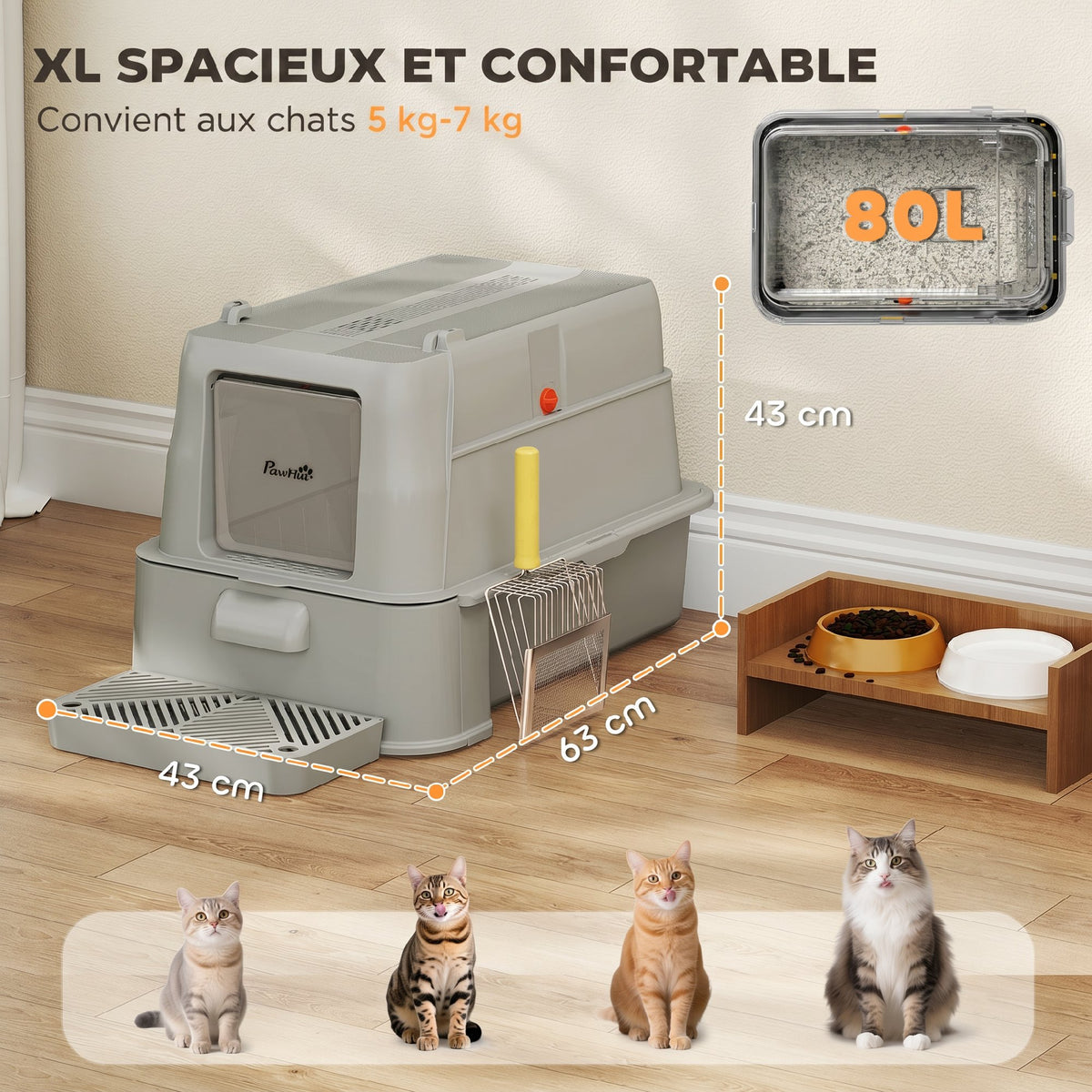 Bac à Litière pour Chat 80L en Inox avec Couvercle Rabattable à 180°, Tiroir Coulissant, Pelle, 63x43x43cm, Gris Clair-4
