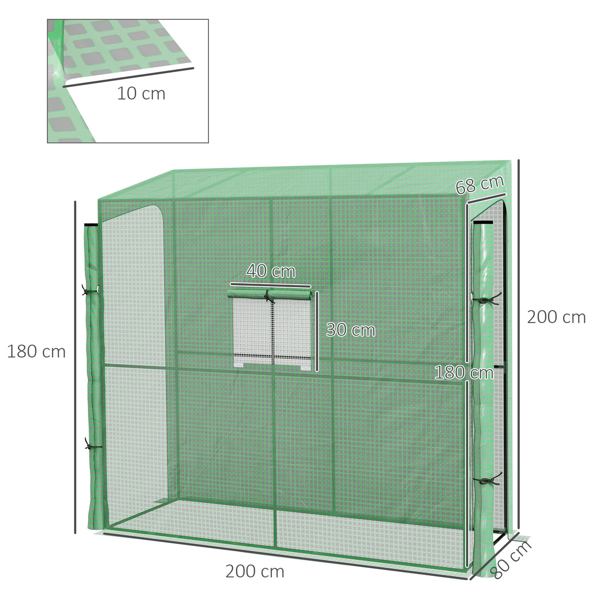 Serre de jardin adossée murale serre à tomate 2 Portes zippées enroulables, 1 fenetre, dim. 200L x 80l x 200/180H cm-2