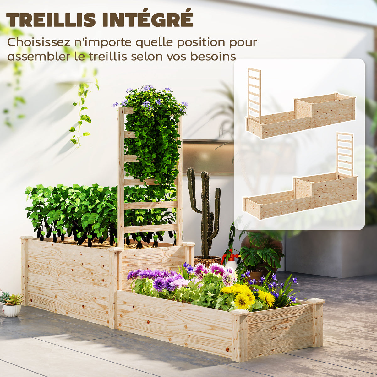 Jardinière avec treillis à 2 bacs avec fond ouvert, pour balcon terrasse patio, 222 x 63 x 132 cm, effet bois naturel-4