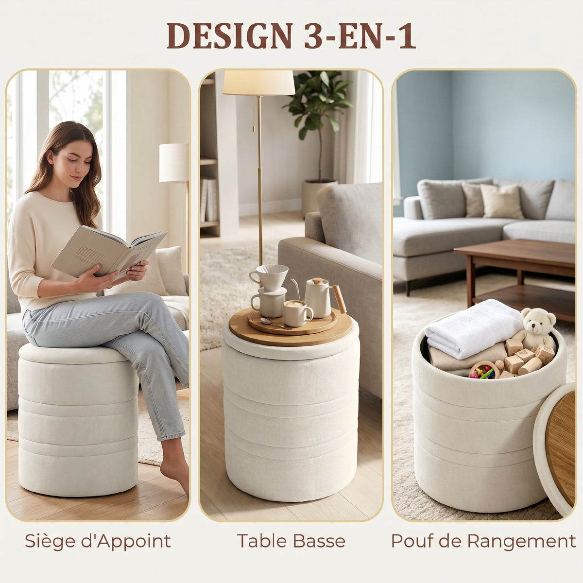 Pouf de Rangement en Chenille avec Couvercle, Tabouret Rond pour Salon et Chambre, Beige-3