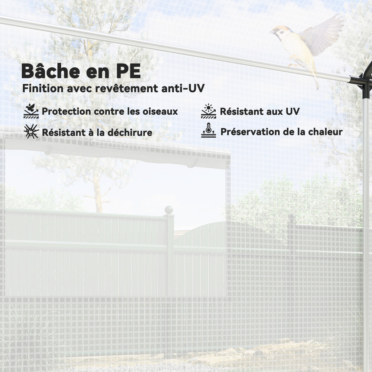 Serre de jardin tunnel 2 x 3m, 6m² avec porte enroulable, 4 fenêtres, - Acier galvanisé PE Haute densité Blanc-3