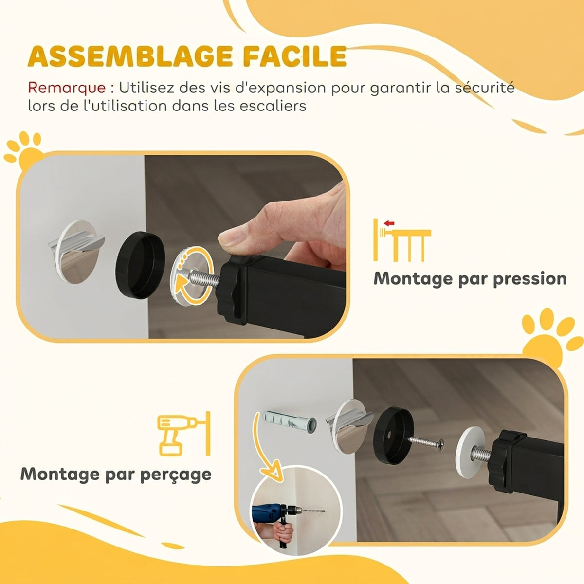 Barrière de sécurité pour chiens et bébés 76 à 130 cm avec extension fixation par pression sans perçage blanc-6