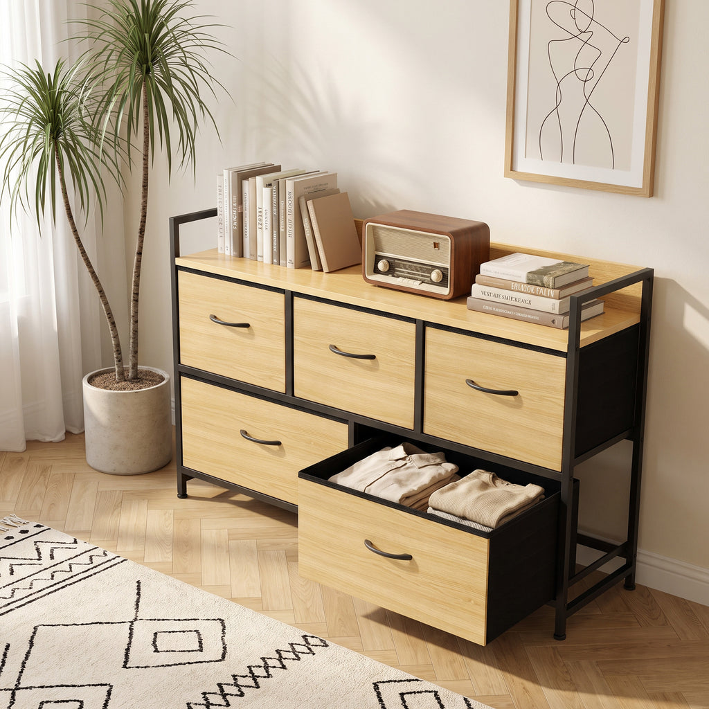 Commode, meuble de rangement avec 5 tiroirs en tissu pliables, plateau et cadre en acier, 98 x 29 x 63 cm, chêne-8