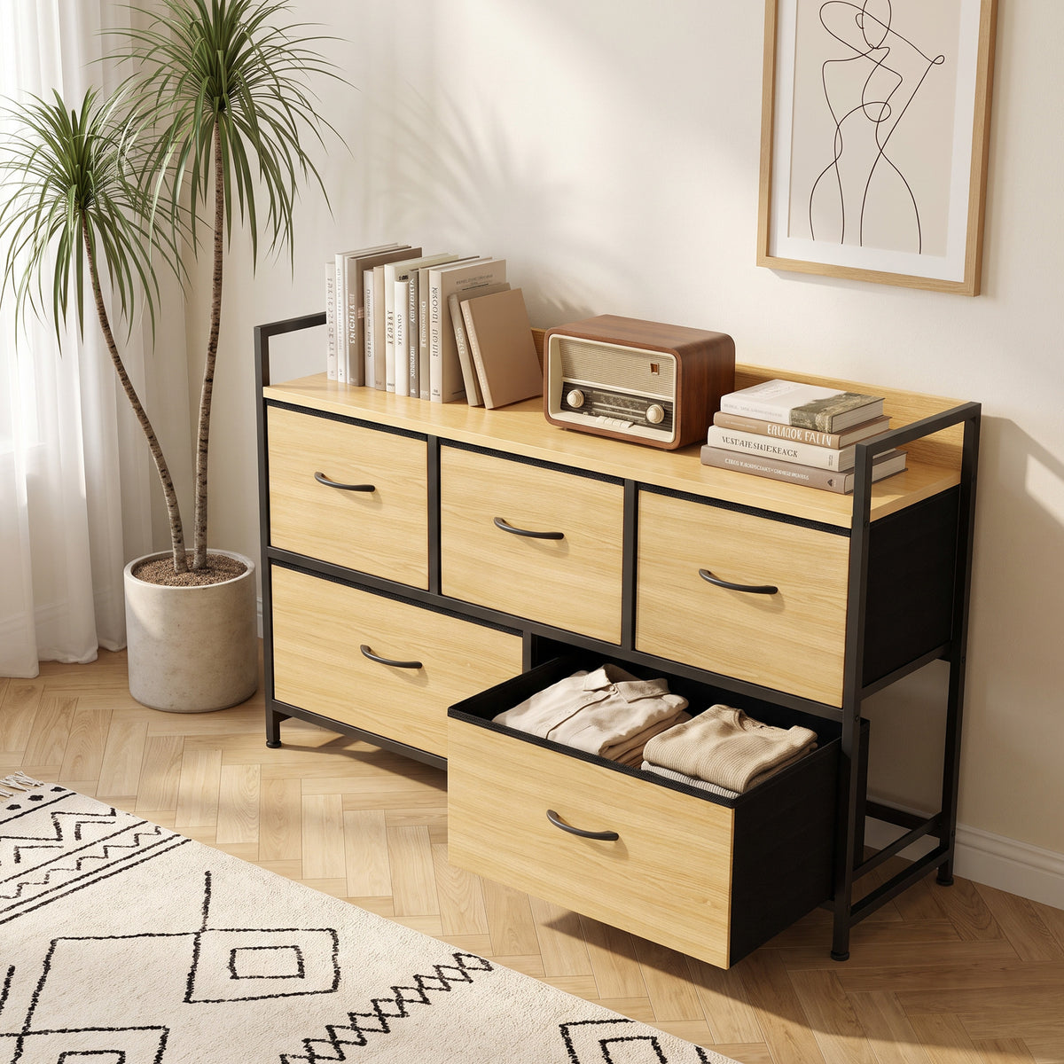 Commode, meuble de rangement avec 5 tiroirs en tissu pliables, plateau et cadre en acier, 98 x 29 x 63 cm, chêne-8
