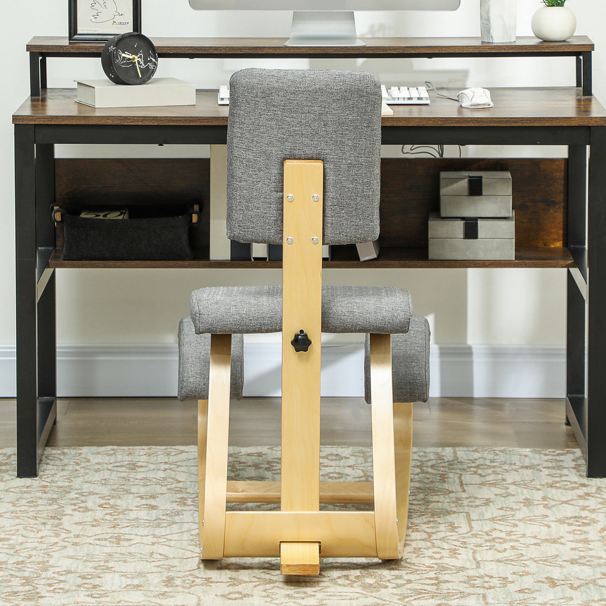 Siège assis genoux, siège ergonomique en bois à bascule avec dossier, chaise à genoux pour bureau à domicile, gris-7
