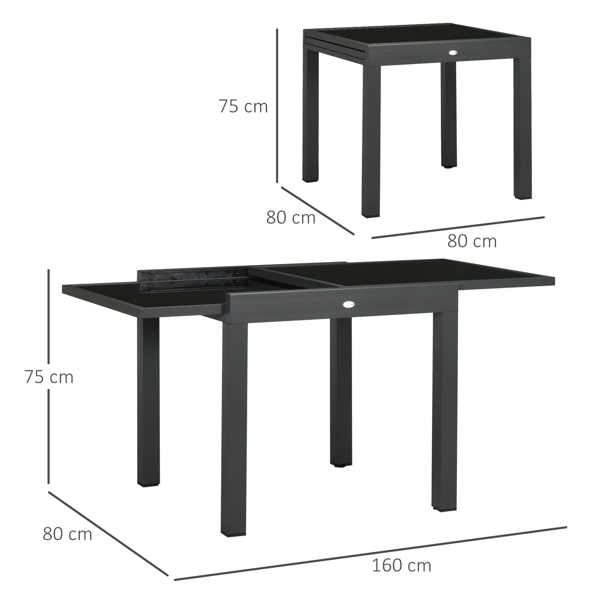Table Extensible de Jardin Grande Taille dim. dépliées 160 x 80 x 75 cm Aluminium Gris foncé Plateau Verre trempé Noir-2