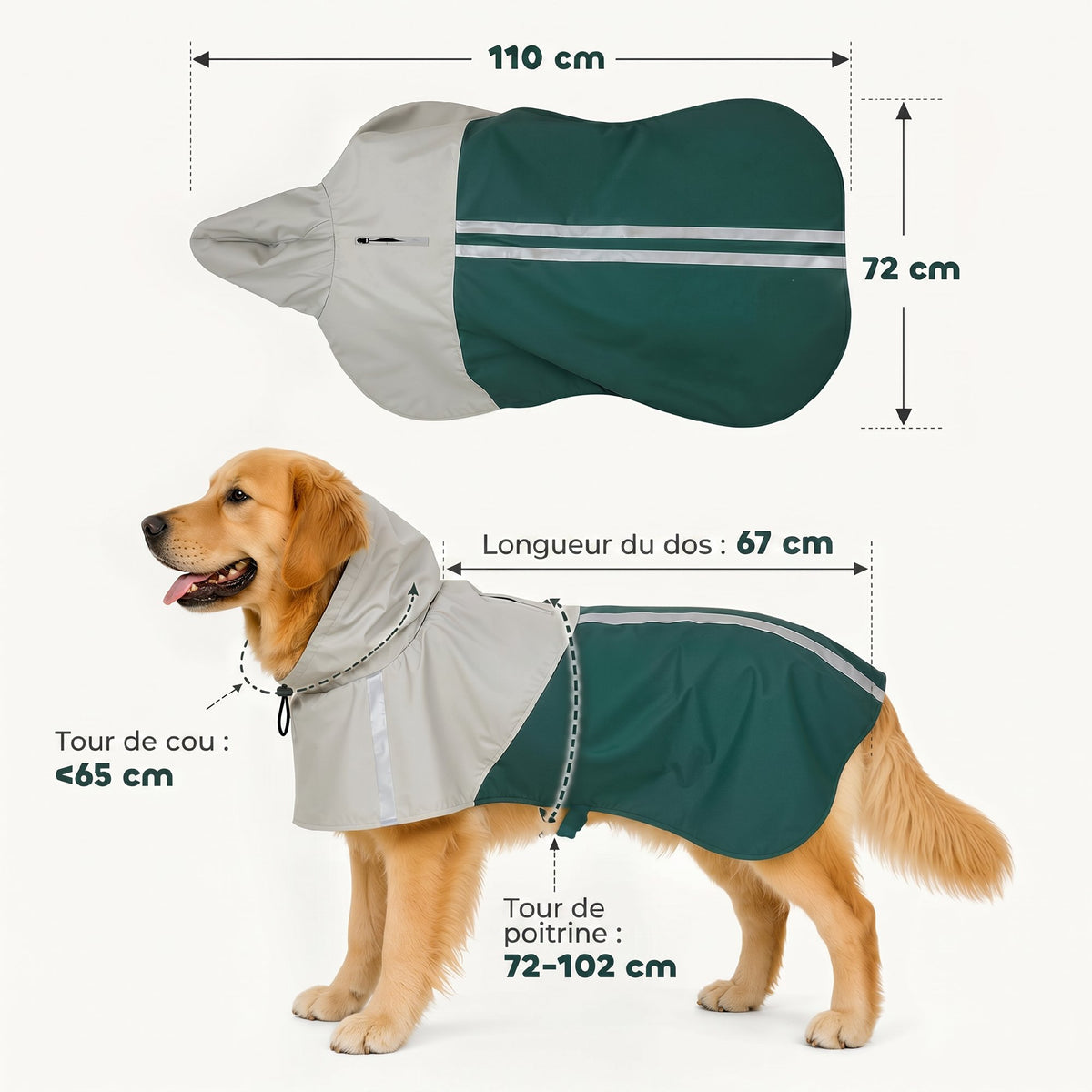 Imperméable pour Chien avec Capuche, Bandes Réfléchissantes, Ouverture pour Laisse, 110x72x0,5cm, Vert-2