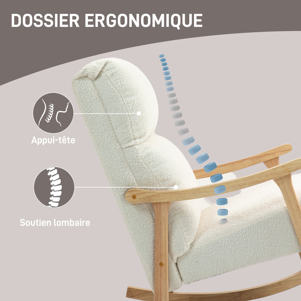 Fauteuil à bascule, rocking chair en velours teddy avec assise rembourré, dossier ergonomique, 65 x 90 x 98 cm, crème-4