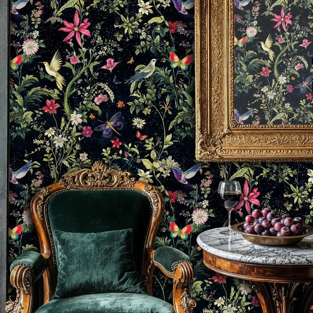 Papier peint botanique nuit avec oiseaux et papillons
