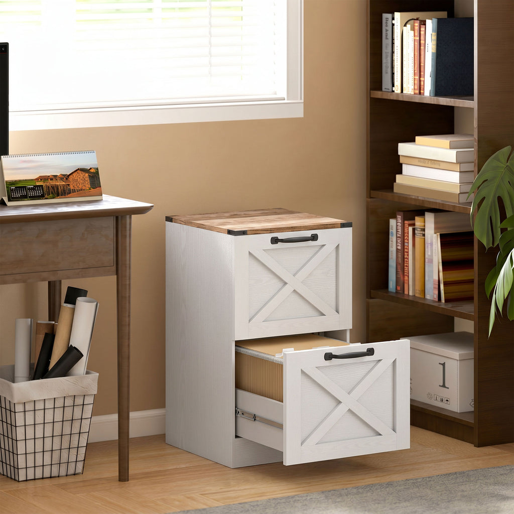 Caisson de Bureau avec 2 Tiroirs, Dossiers Suspendus pour Formats Lettre/A4, Style Rustique, 40x40x71cm, Blanc-1