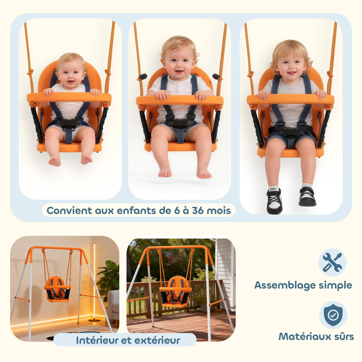 Balançoire portique pour enfants de 6 à 36 mois capacité de charge de 25 Kg en acier hauteur 122 cm orange-3