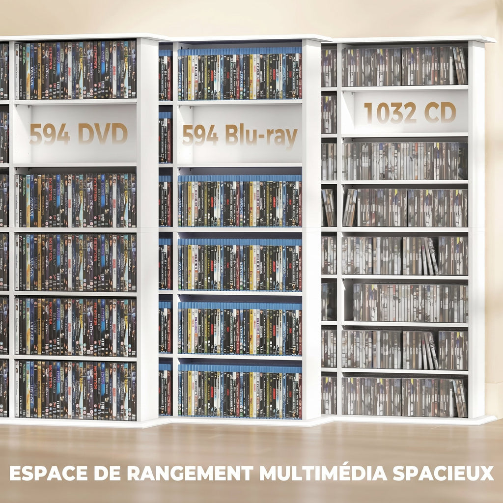 Meuble de rangement 1032 CDs / 594 DVDs, étagère multimédia, 24 compartiments et 18 étagères ajustables, blanc-3