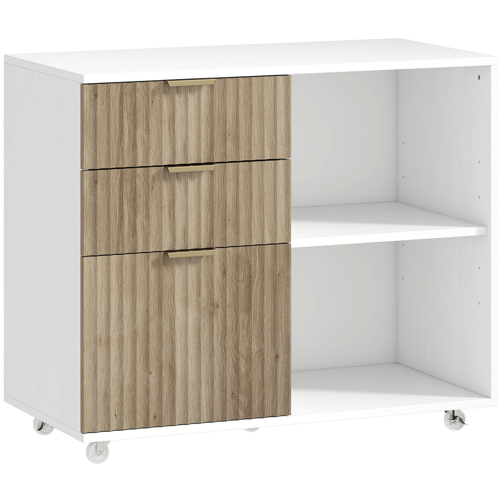 Support d'Imprimante sur Roulettes, 3 Tiroirs, 2 Étagères Ouvertes, Design Ondulé, 80x40x68cm, Blanc Chêne-0