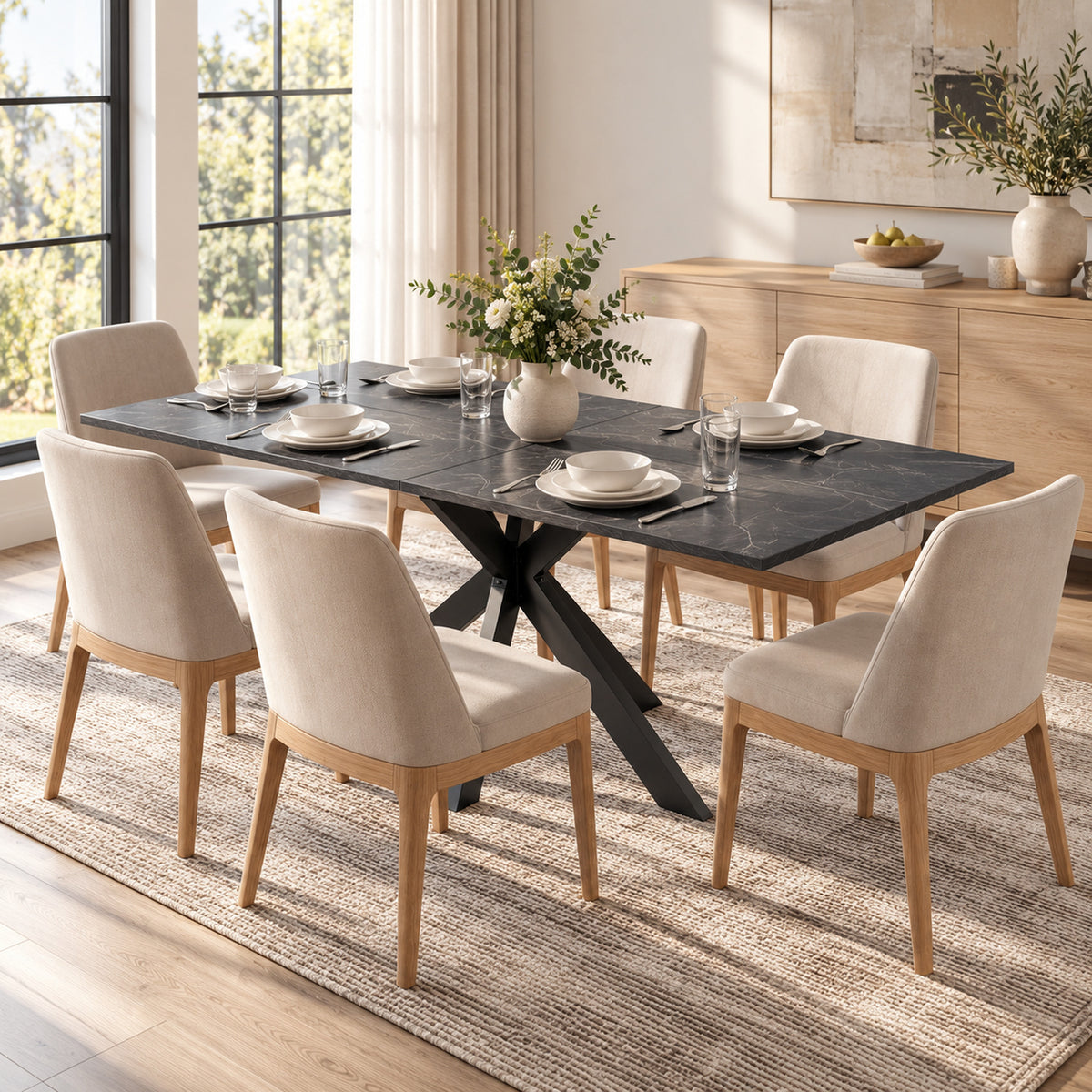 Table à Manger Extensible pour 4 à 8 Personnes, 120-160 cm, Plateau Effet Marbre, Pieds Croisés en Acier, Noir-9