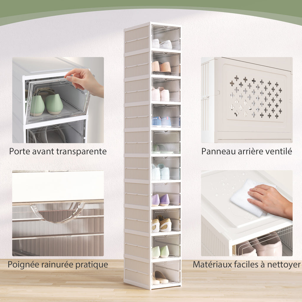 Lot de 10 boîtes à chaussures pliables en plastique empilables avec couvercles, pour pointure jusqu'à 43, blanc-4