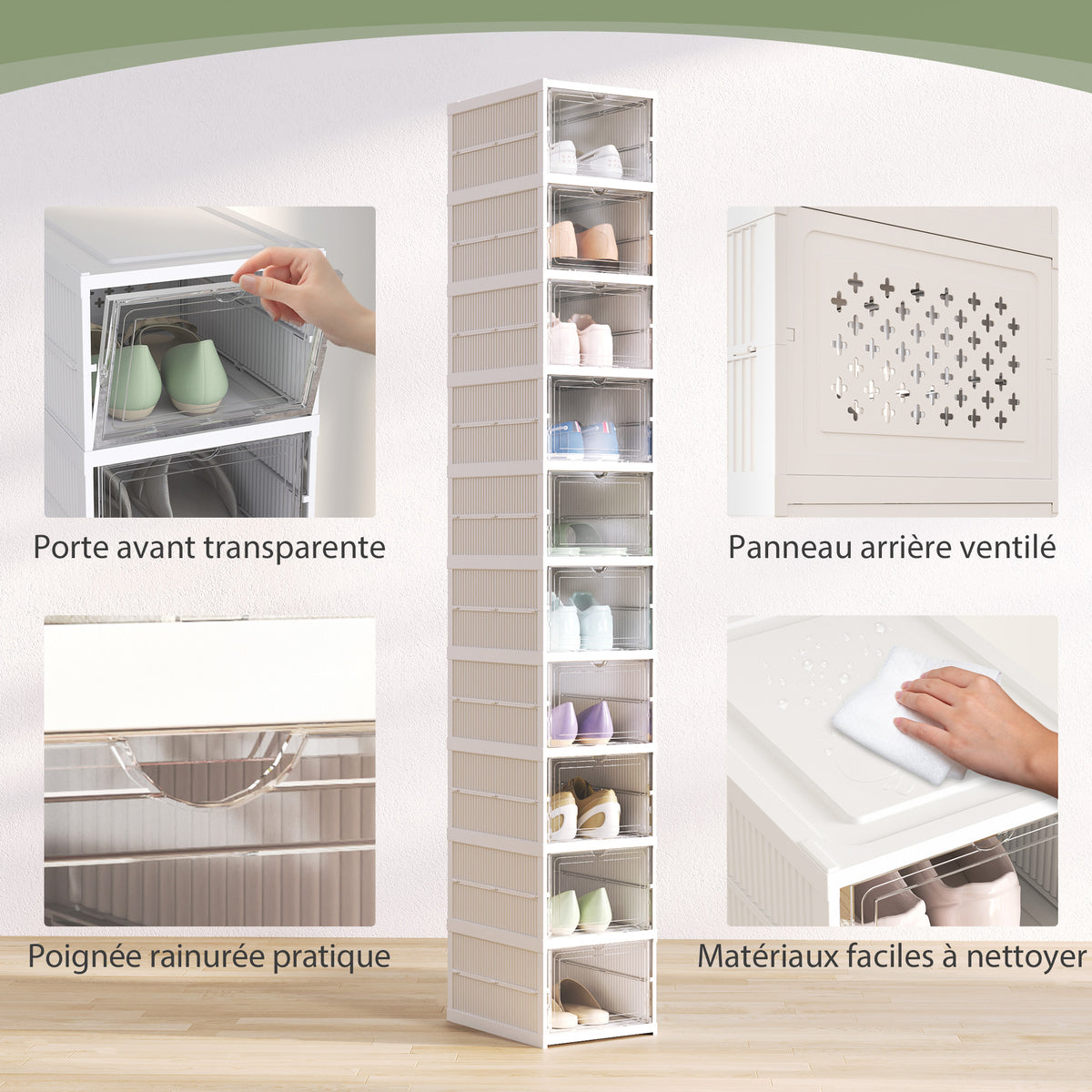 Lot de 10 boîtes à chaussures pliables en plastique empilables avec couvercles, pour pointure jusqu'à 43, blanc-4